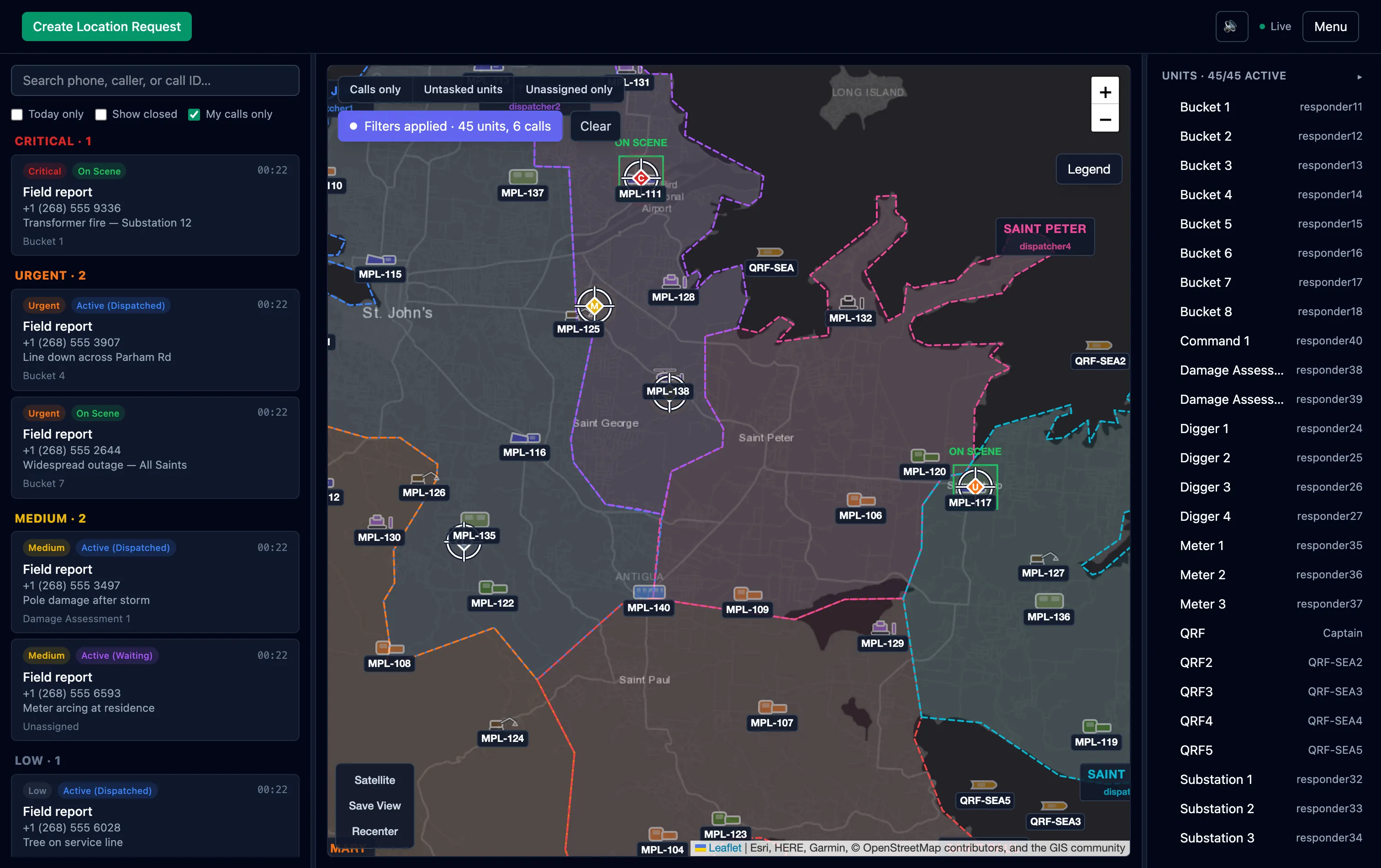 Beacon's live dispatch console with priority triage, areas of responsibility, and overdue-call flashing