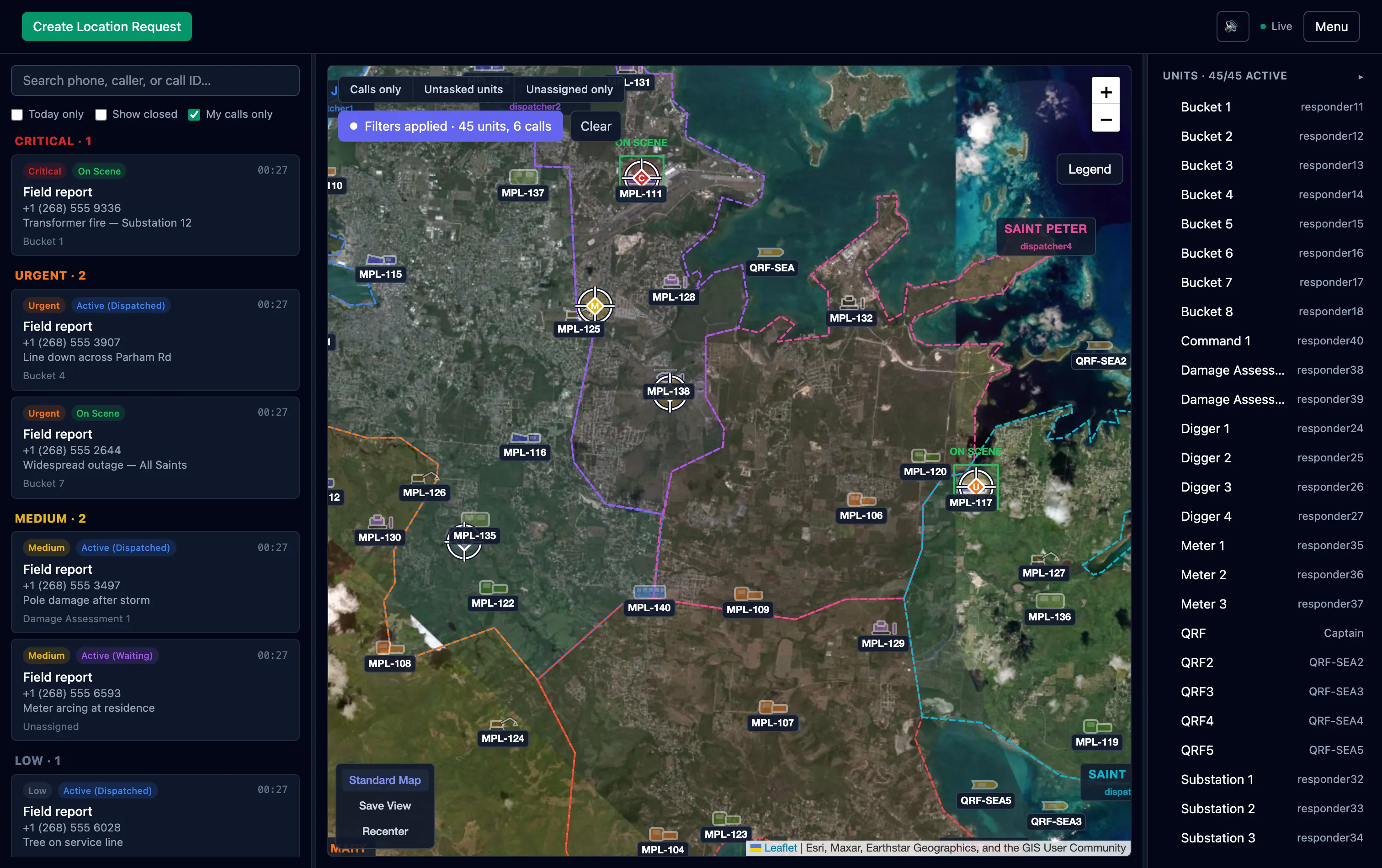 Beacon in satellite view showing service districts, fleet classes, and areas of responsibility across a territory